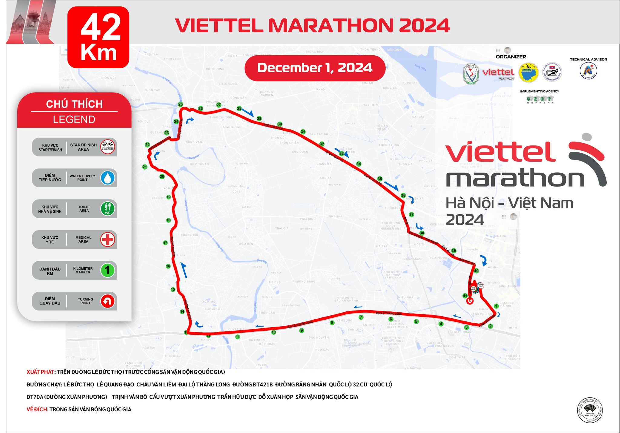 BẢN ĐỒ ĐƯỜNG CHẠY VIETTEL MARATHON 2024 CHẶNG VIỆT NAM CỰ LY FULL MARATHON 